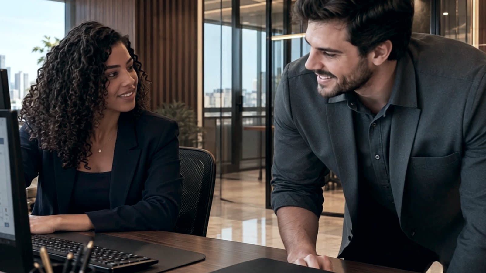 Two people talking in an office, in a scene from the brand film